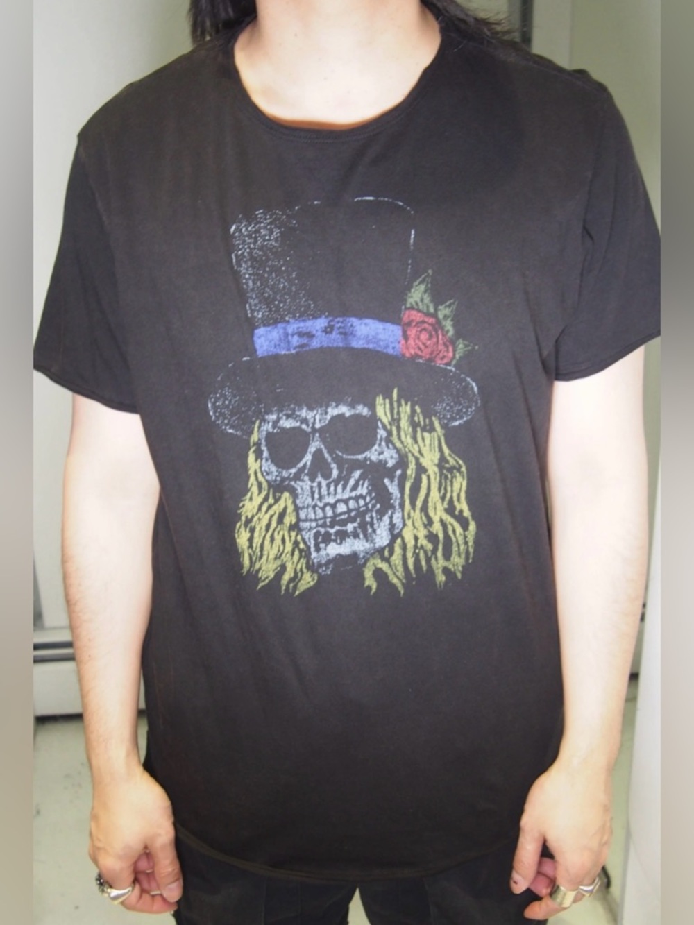 John Varvatos Black Skull Tee with Blue Hatband and Red Rose
